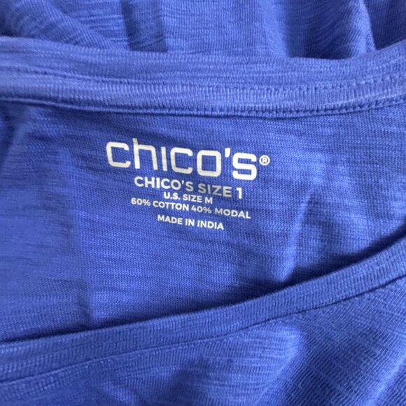 Chico's Womens Smocked 3/4 Sleeve Tee Top Size 1, Medium Blue Scoop Neck Casual - Picture 3 of 8